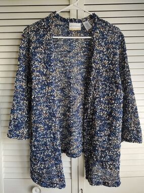 Alfred Dunner Navy Blue Multi Bouclé Open Front Cardigan